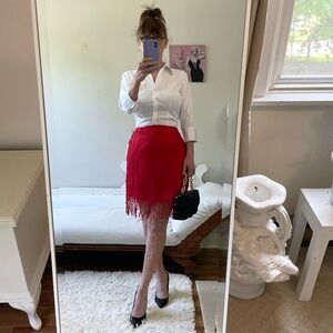 NWT EMBROIDERED LIPSTICK RED PENCIL SKIRT FRINGED HEM ZIPPER LINED HIDDEN WAIST